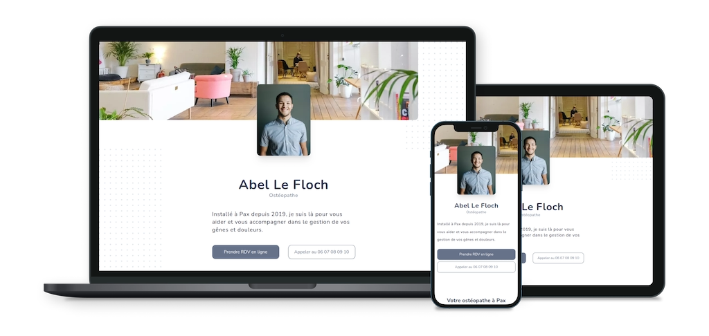 exemple de site internet pour ostéopathe avec patron abel, apercu sur ordinateur, tablette et téléphone